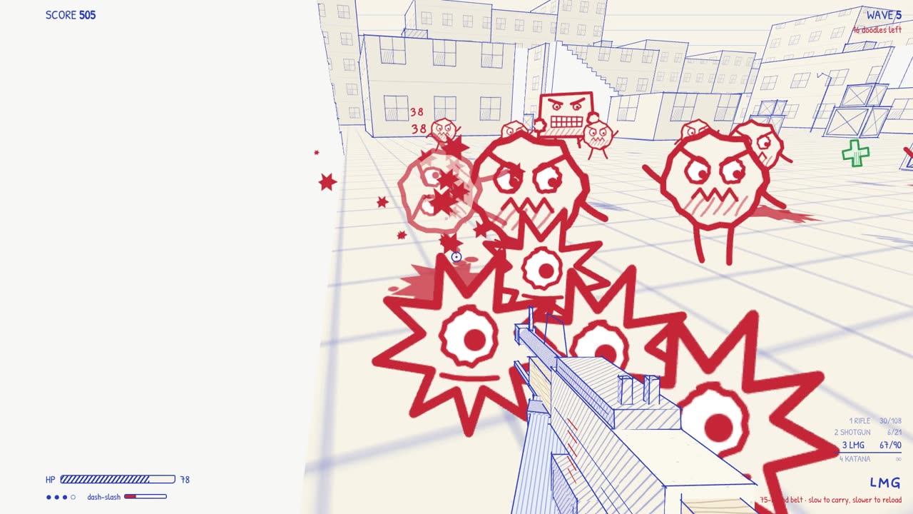 First-person view: an LMG tearing through a crowd of red-pen doodles